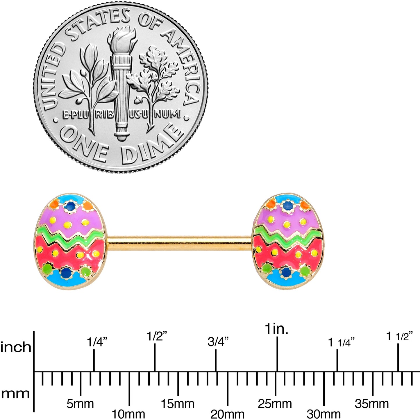 14G 9/16 Gold Tone Painted Easter Egg Barbell Nipple Ring Set