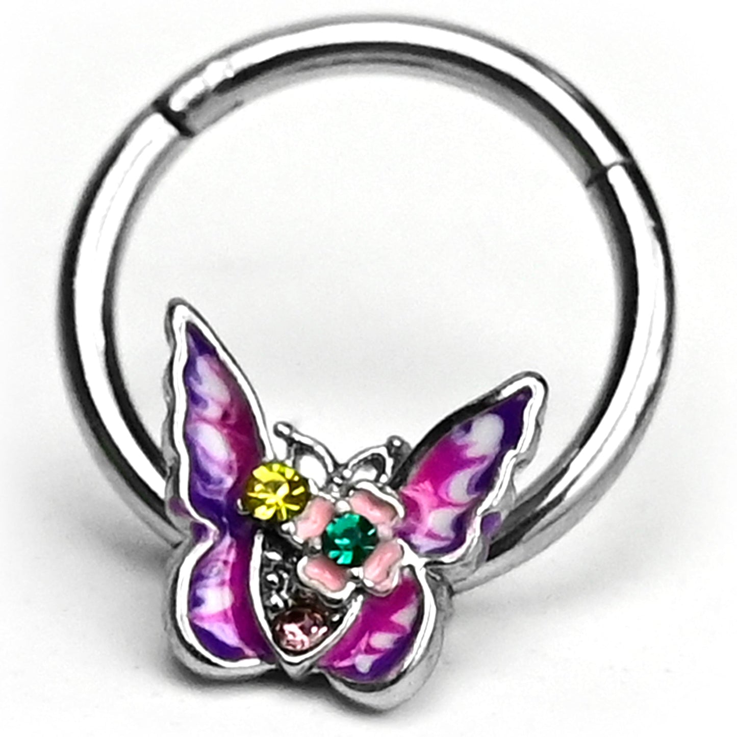 16G 3/8 Green Yellow Gem Exotic Butterfly Hinged Segment Ring