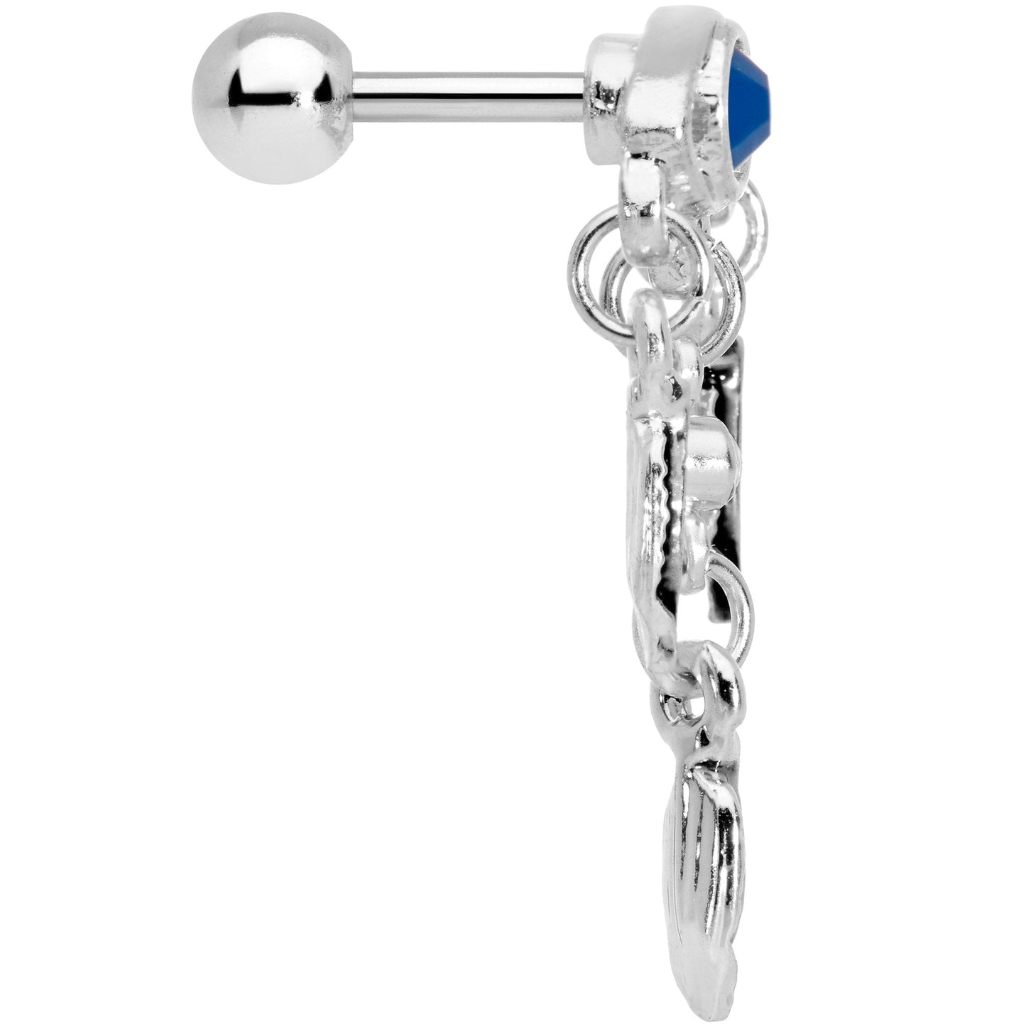 16G 1/4 Blue Gem Eye Feather Dangle Cartilage Tragus Earring