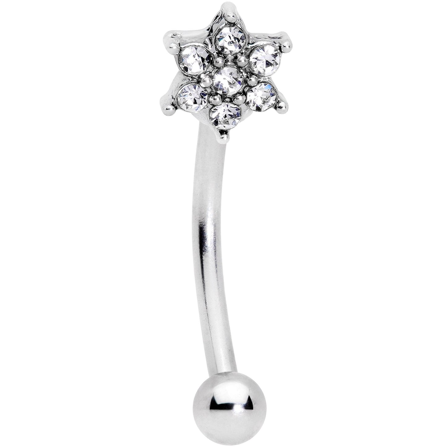 16G 3/8 Clear Gem Six Petal Flower Curved Eyebrow Ring
