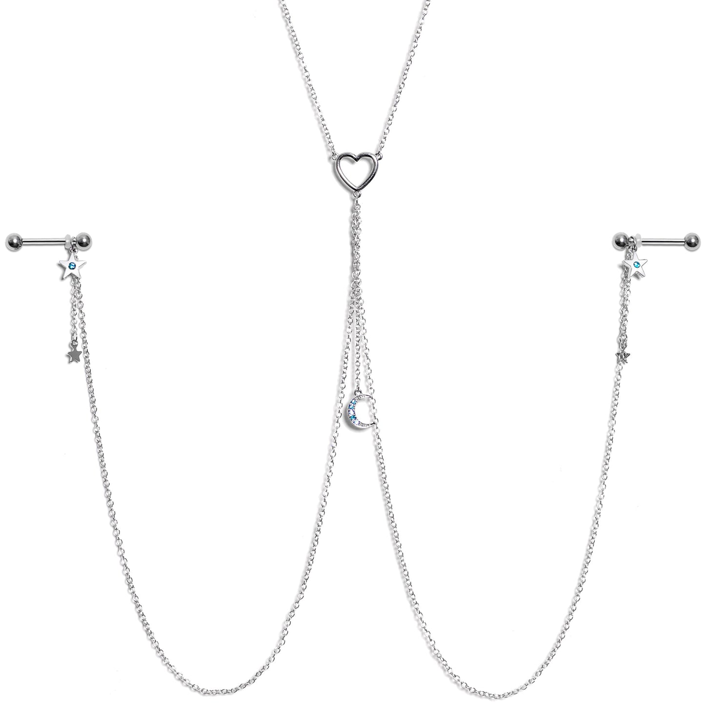 14G 5/8 Blue Gem Moon Heart Star Nipple Chain Necklace