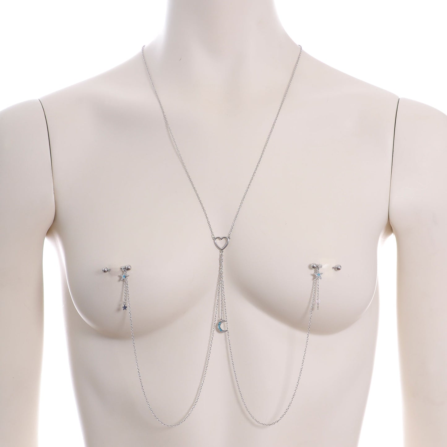 14G 5/8 Blue Gem Moon Heart Star Nipple Chain Necklace
