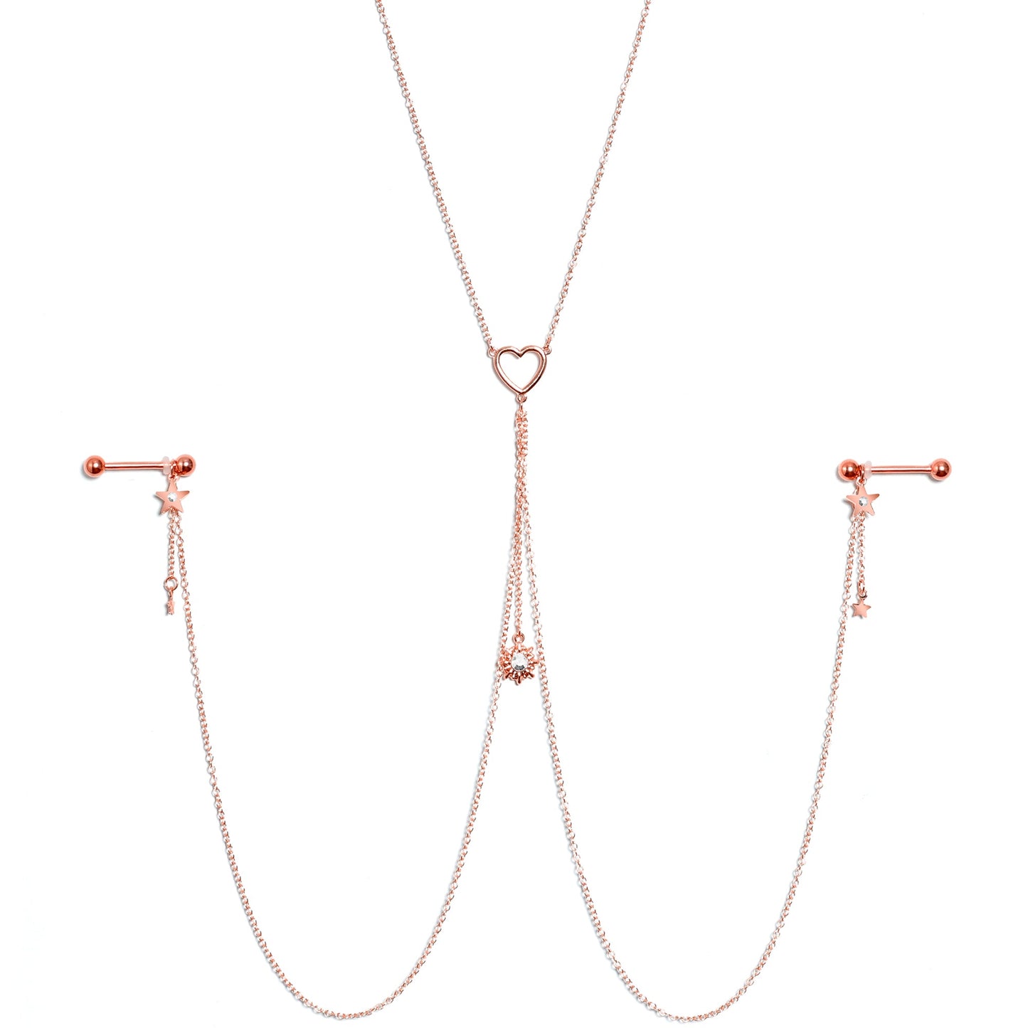 14G 5/8 Clear Gem Rose Gold Hue Star Sun Nipple Chain Necklace