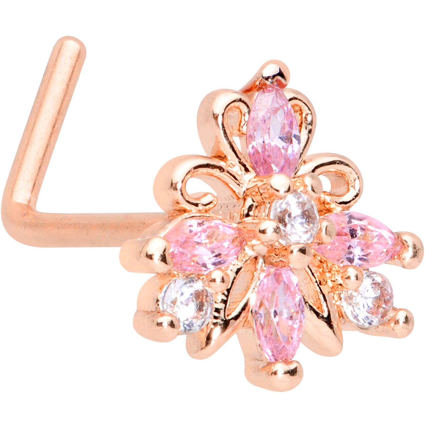 20G 1/4 Pink CZ Gem Rose Gold Tone Looping L Shape Nose Ring
