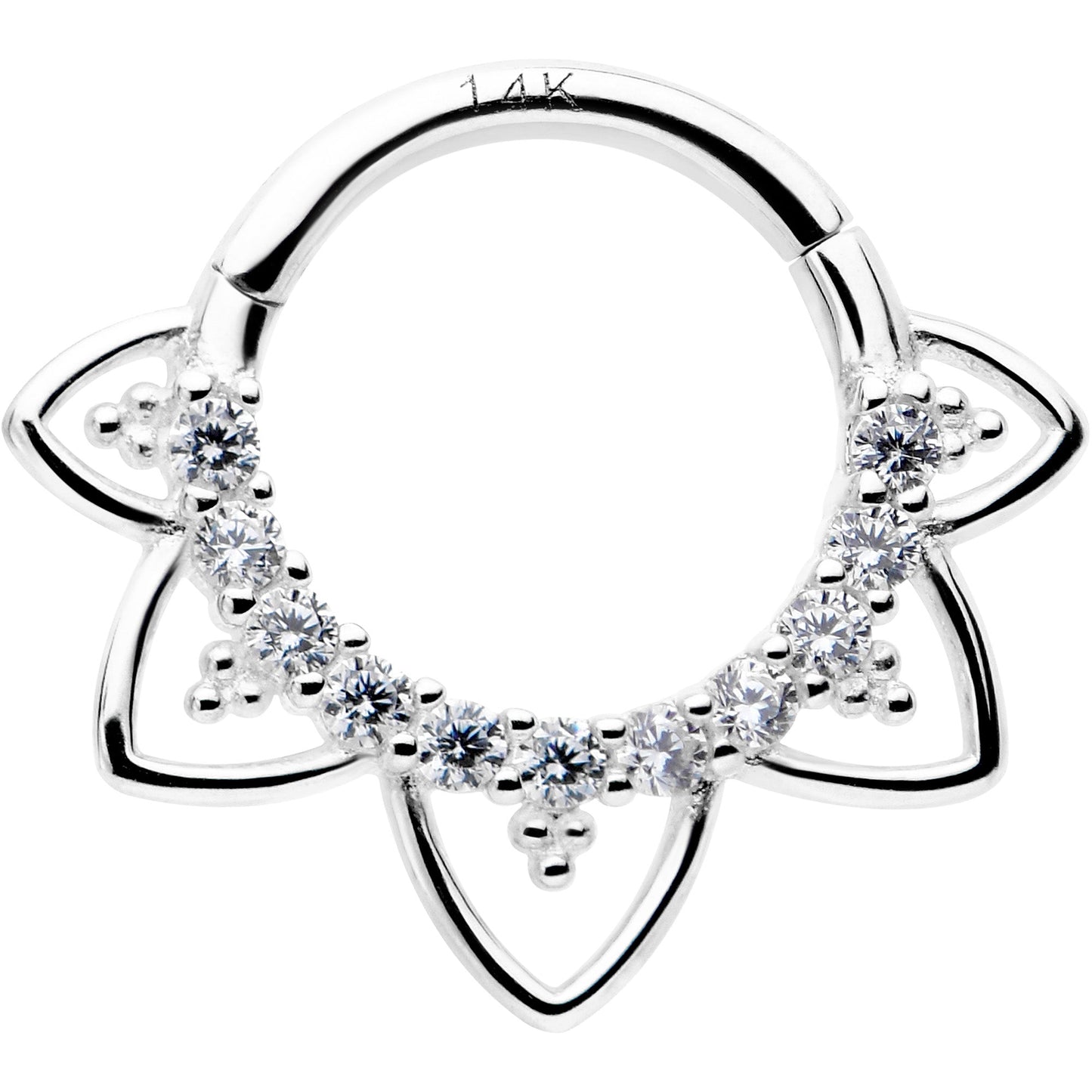 16G 5/16 Clear CZ Gem 14k White Gold Filigree Hinged Segment Ring