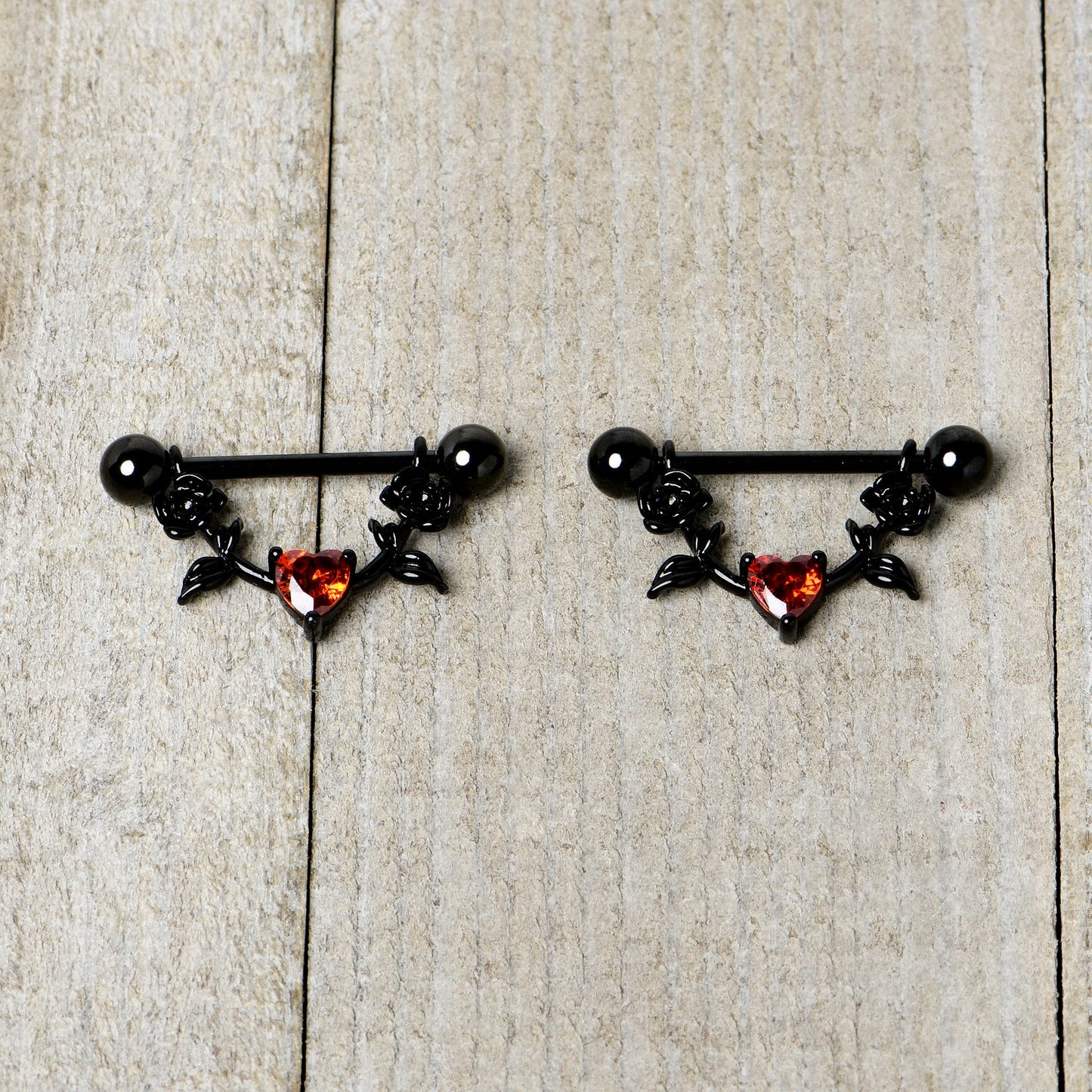 14G 11/16 Red CZ Gem Black Heart Flower Dangle Nipple Ring Set