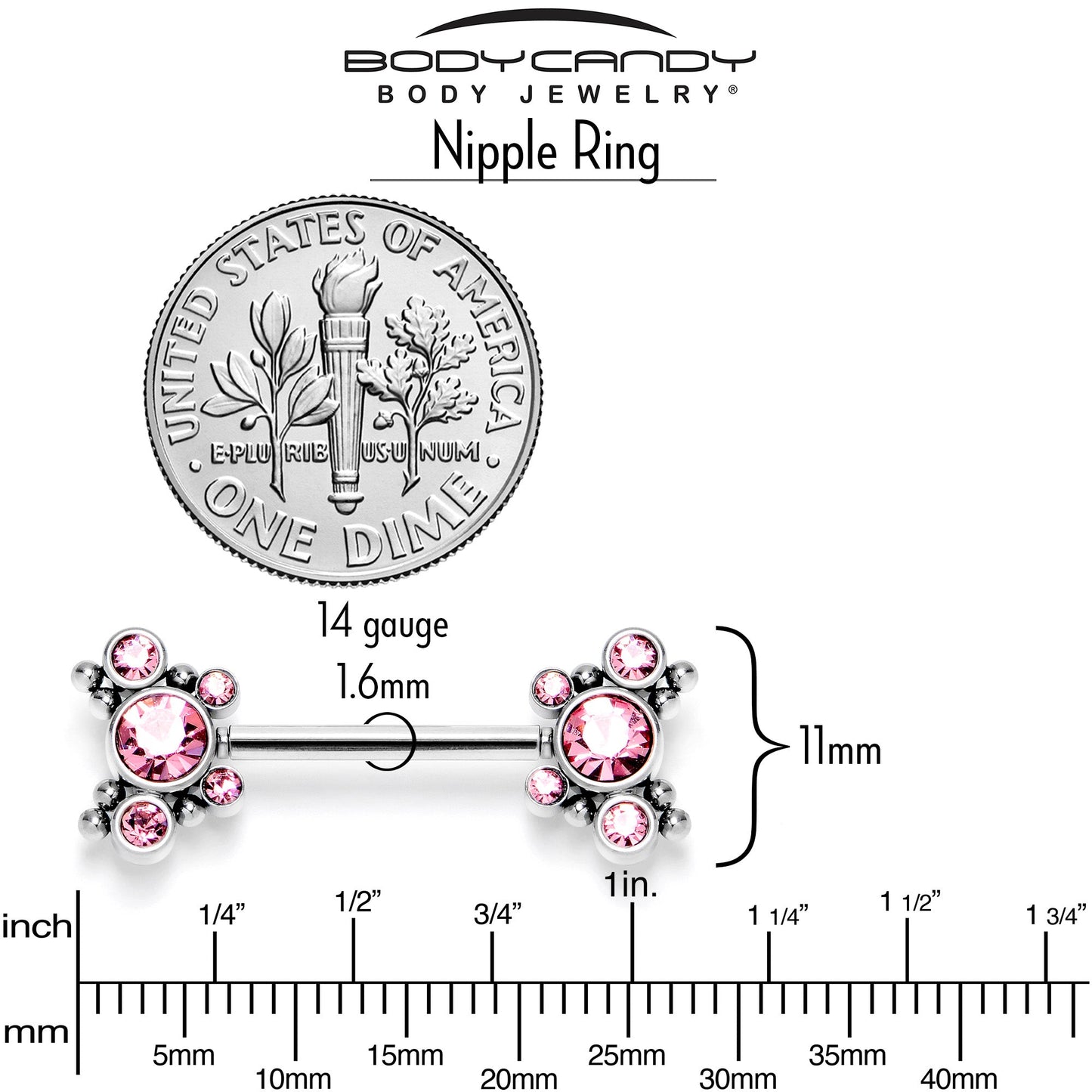 14G 9/16 Pink CZ Gem Circles Threadless Barbell Nipple Ring Set