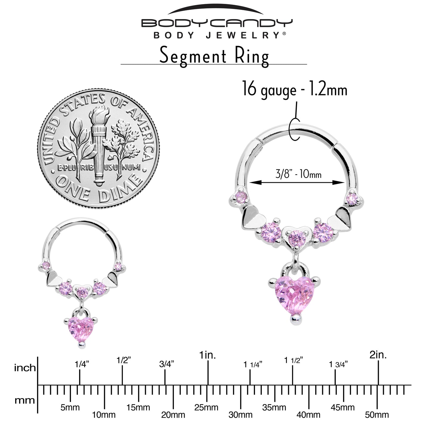 16G 3/8 Pink CZ Gem Love Heart Dangle Hinged Segment Ring