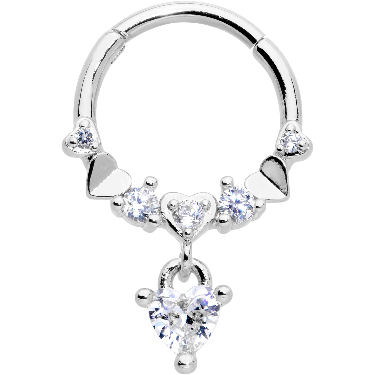 16G 3/8 Clear CZ Gem Love Heart Dangle Hinged Segment Ring