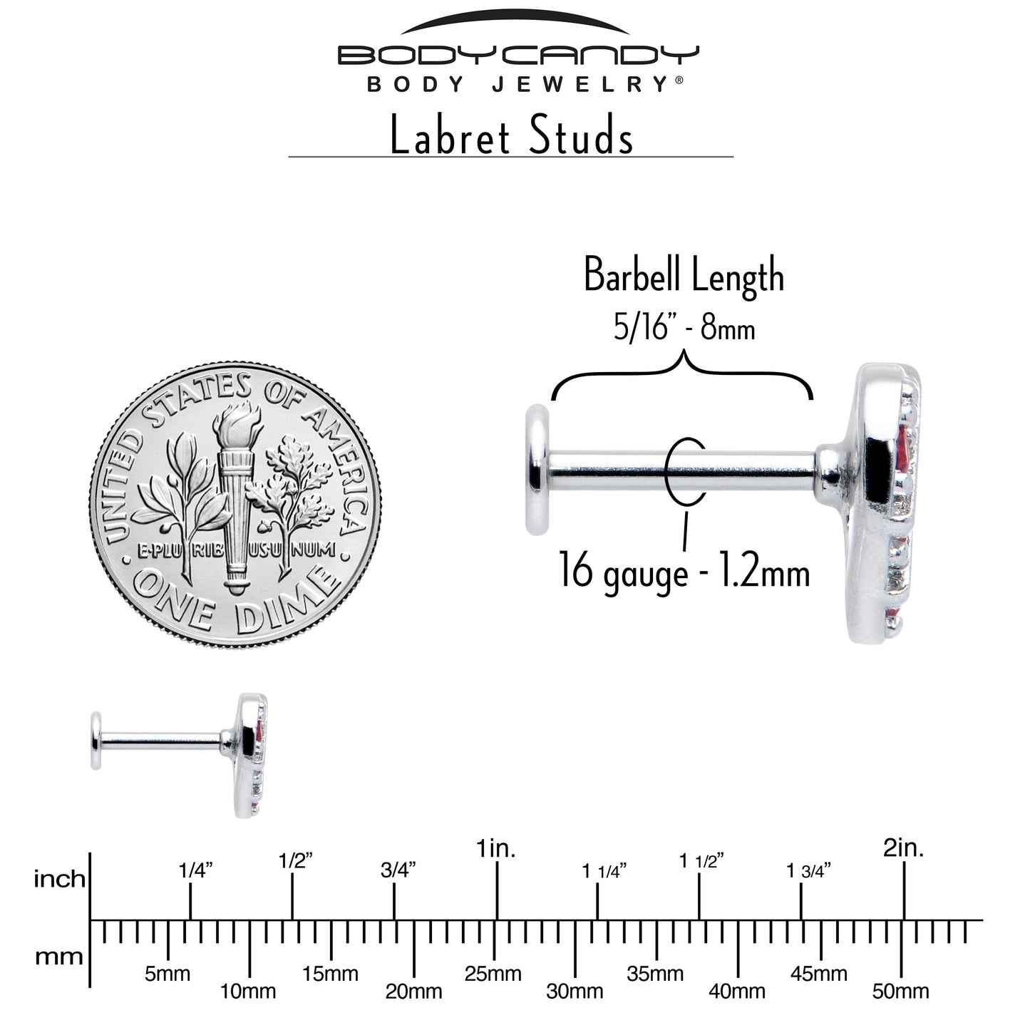 16G 5/16 Red CZ Gem Lattice Hear Internally Threaded Labret