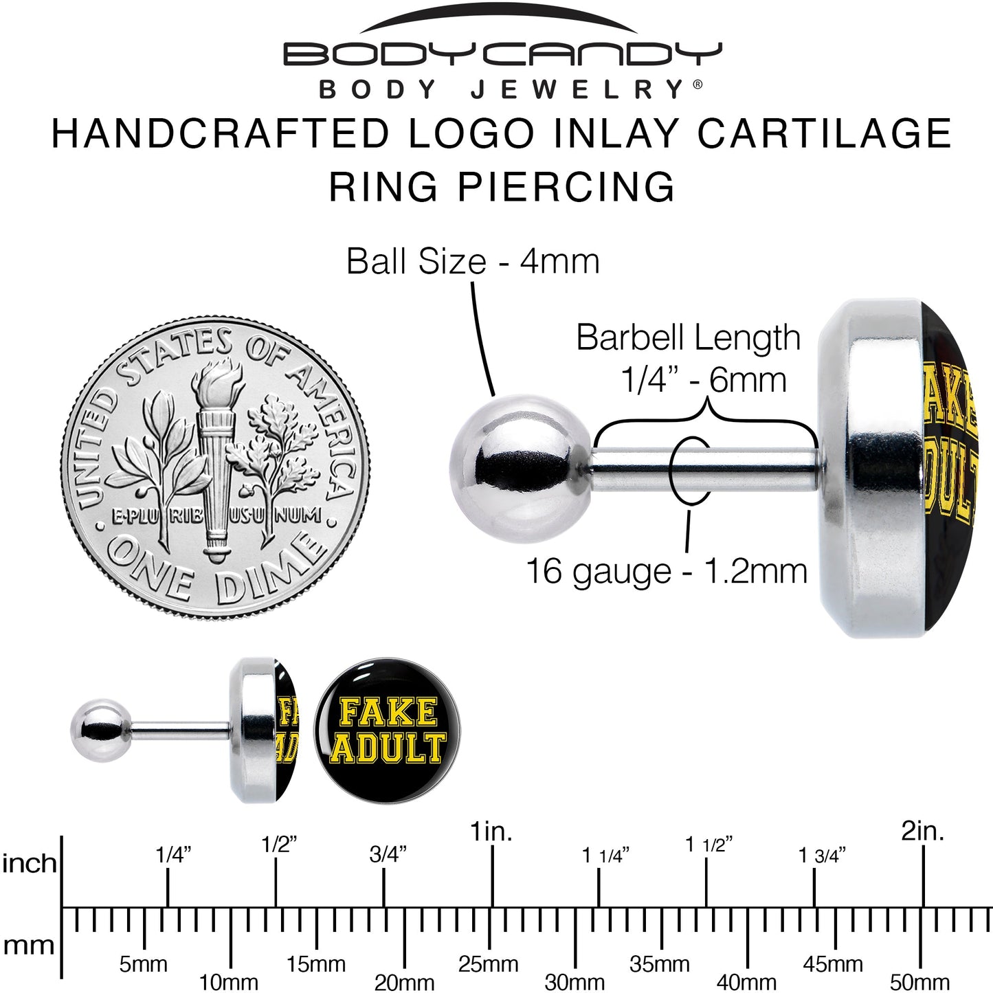 16G 1/4 Black Yellow Fake Adult Tragus Cartilage Earring by Onyx O
