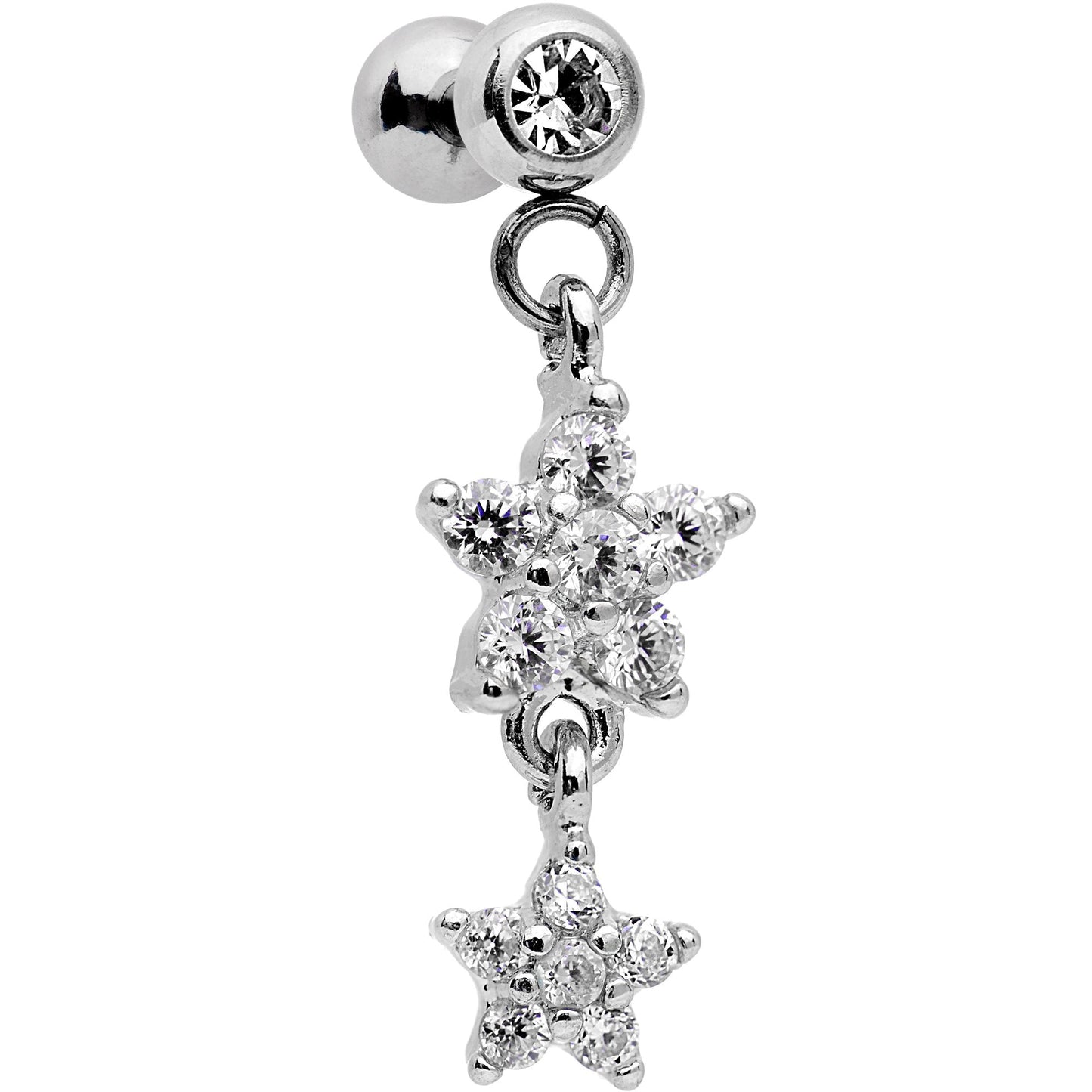 16G 1/4 Clear Gem Double Star Dangle Cartilage Tragus Earring